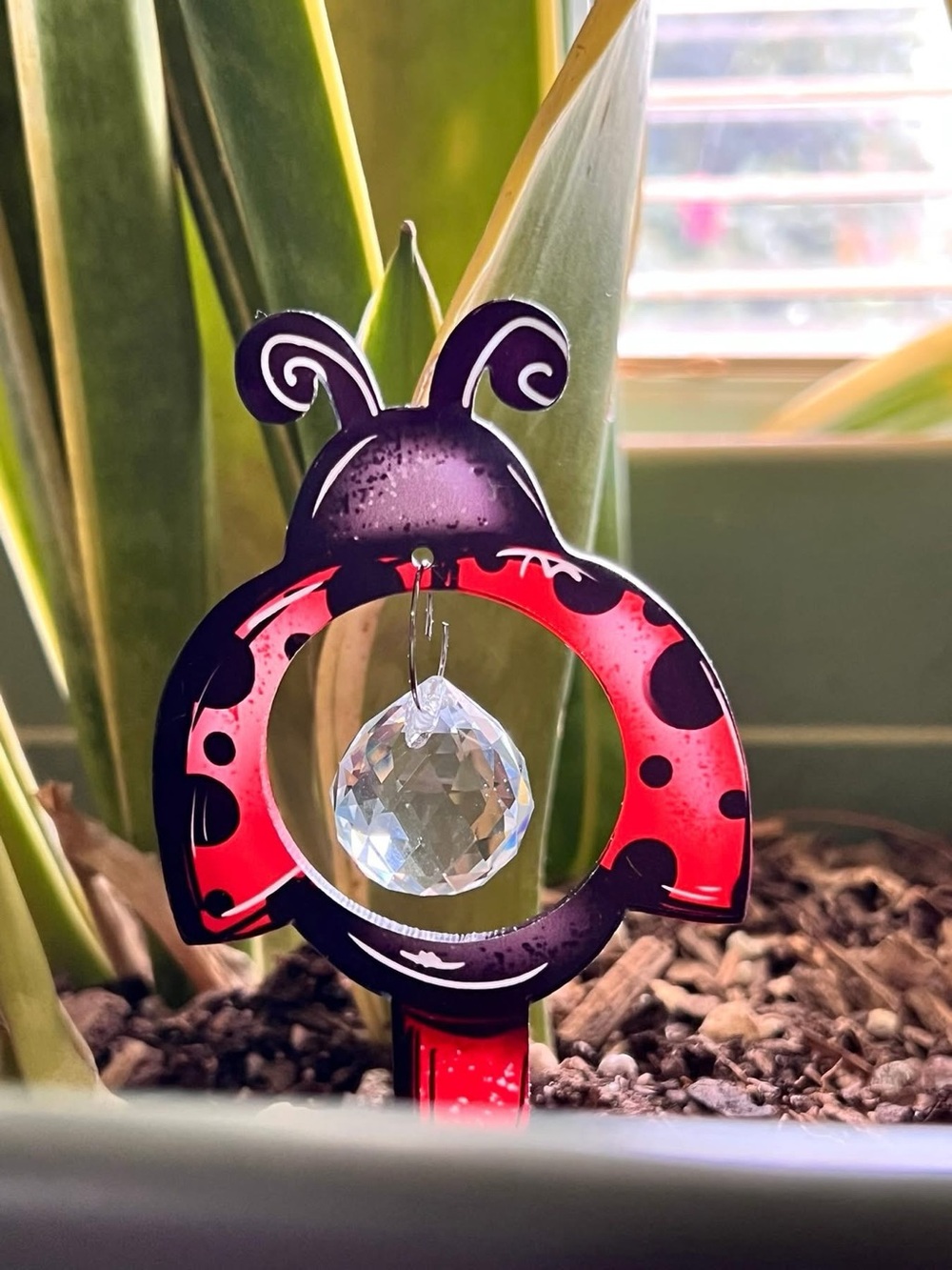 Ladybug Crystal Garden Stake - Red & Black